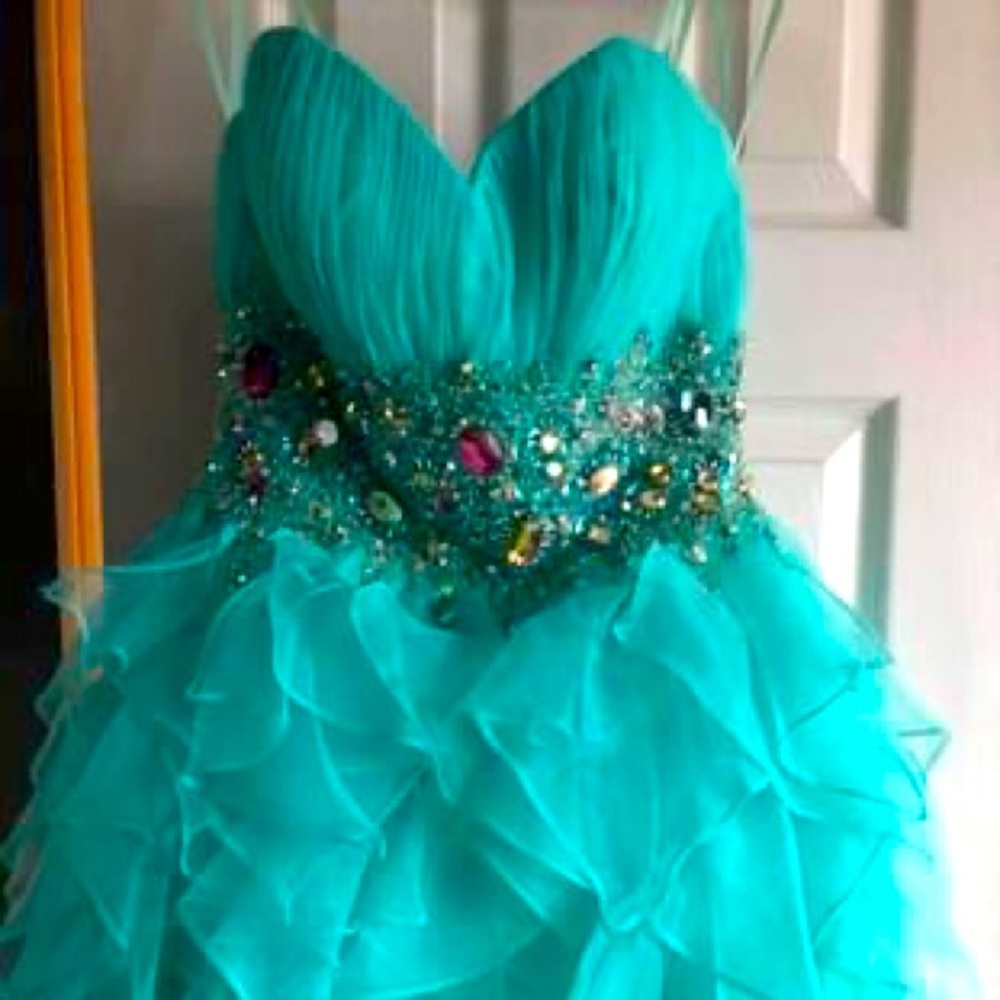 Bright Blue Jeweled Short Formal Ruffle Dress